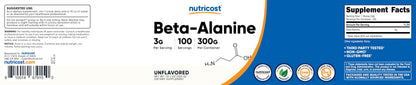 Nutricost Beta Alanine Powder 300 Grams (10.7oz) - 3 Grams Per Serving