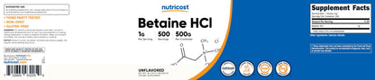 Nutricost Betaine HCl Powder 500 Grams - Gluten Free, Non-GMO