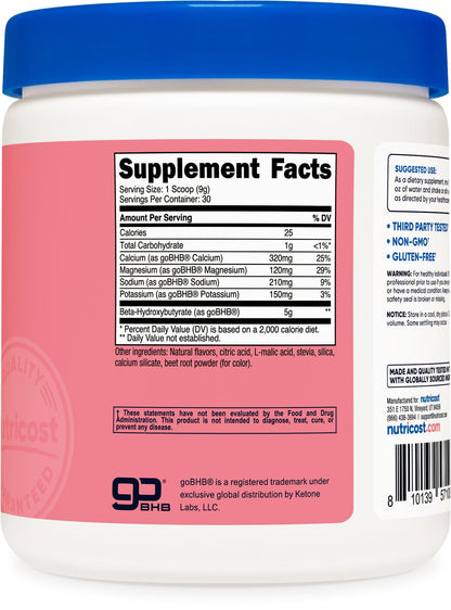 Nutricost BHB Salts Drink Mix – Strawberry Lemonade (30 Servings) | 5g BHB per Serving | 0g Total Sugars | Vegetarian
