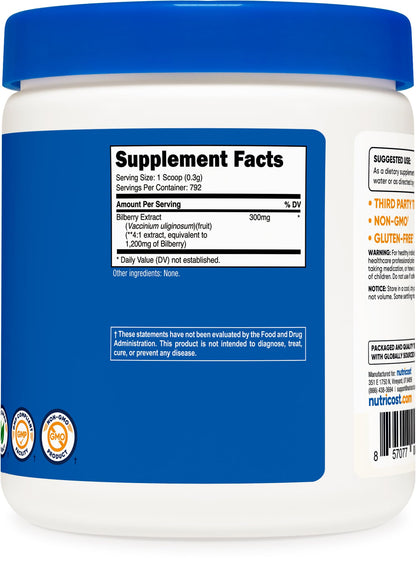 Nutricost Bilberry Powder 250g - 4:1 Bilberry Extract, Gluten Free, Non-GMO