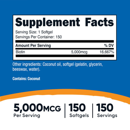 Nutricost Biotin 5,000mcg – 150 Softgels | Vitamin B7, Gluten Free, Non-GMO