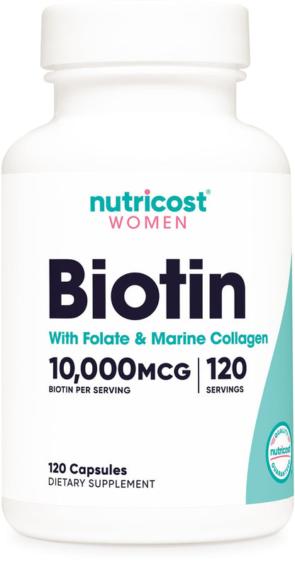 Nutricost Biotin for Women 10,000mcg – 120 Capsules with Folate & Collagen