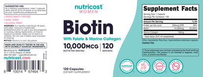 Nutricost Biotin for Women 10,000mcg – 120 Capsules with Folate & Collagen