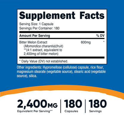 Nutricost Bitter Melon 600mg (2,400mg Equivalent) - 180 Capsules | Gluten Free, Non-GMO