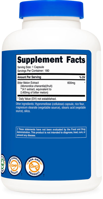 Nutricost Bitter Melon 600mg (2,400mg Equivalent) - 180 Capsules | Gluten Free, Non-GMO