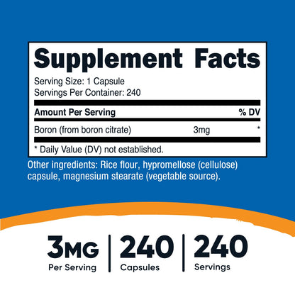 Nutricost Boron 3mg Supplement – 240 Vegetarian Capsules | Gluten Free & Non-GMO