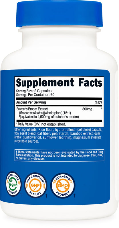 Nutricost Butcher's Broom Extract (4500 mg Equivalent) 120 Capsules - Gluten Free, 60 Servings