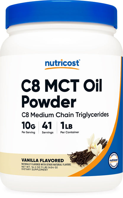 Nutricost C8 MCT Oil Powder 95% C8 – Vanilla (1LB) | Keto, Non-GMO, Gluten Free