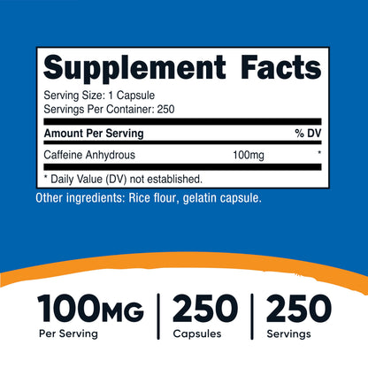 Nutricost Caffeine Pills 100mg per Serving – 250 Capsules | Energy & Focus