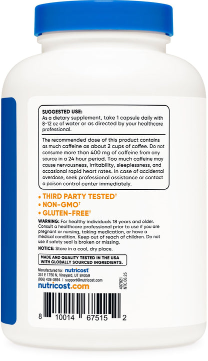 Nutricost Caffeine Pills 200mg Per Serving (500 Caps)