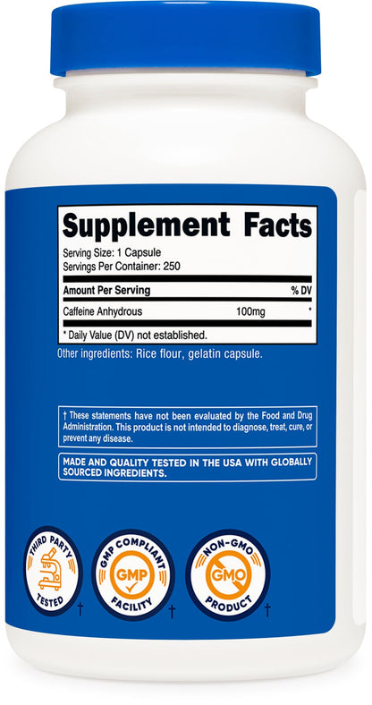 Nutricost Caffeine Pills 100mg per Serving – 250 Capsules | Energy & Focus