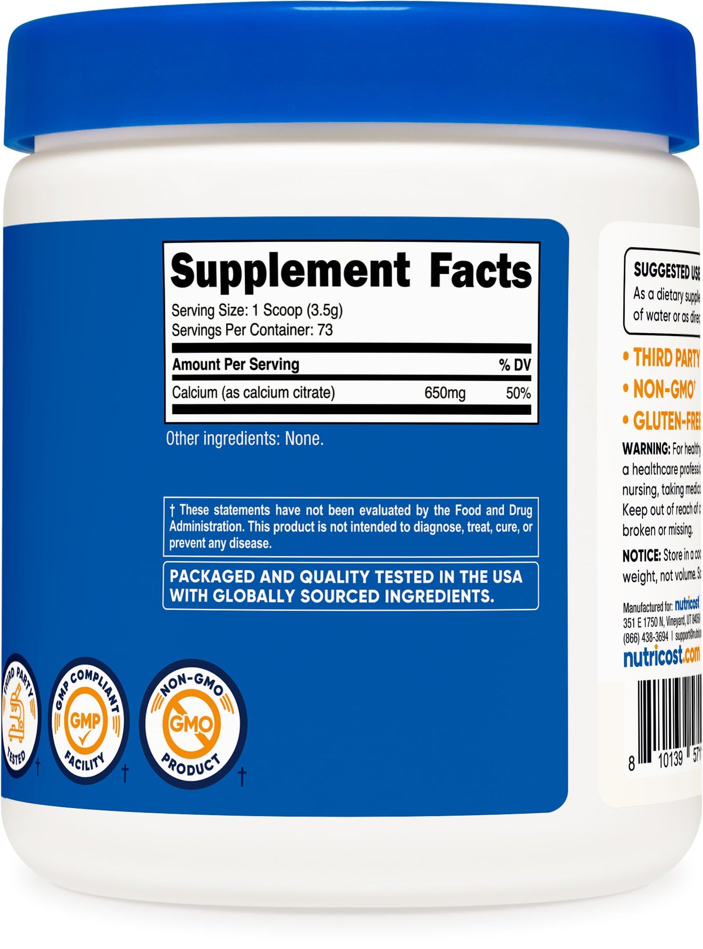 Nutricost Calcium Citrate Powder 250g Unflavored | 650 mg Calcium per Serving