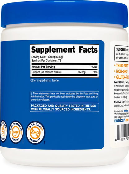Nutricost Calcium Citrate Powder 250g Unflavored | 650 mg Calcium per Serving