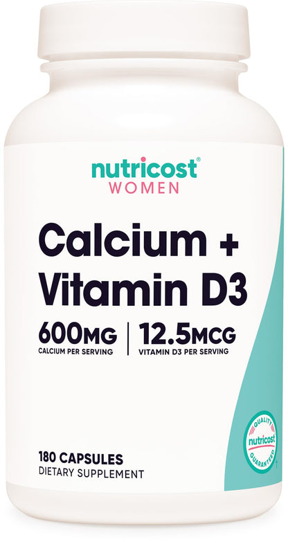 Nutricost Calcium 600mg + Vitamin D3 12.5mcg for Women – 180 Capsules (60 Servings) – Vegan, Non-GMO, Gluten Free