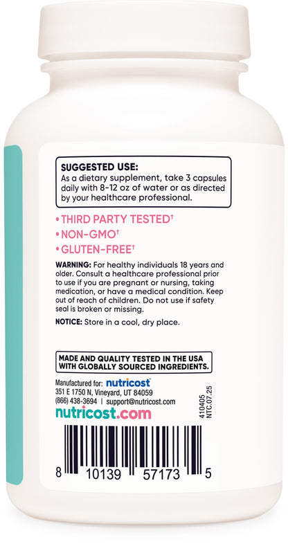 Nutricost Calcium 600mg + Vitamin D3 12.5mcg for Women – 180 Capsules (60 Servings) – Vegan, Non-GMO, Gluten Free