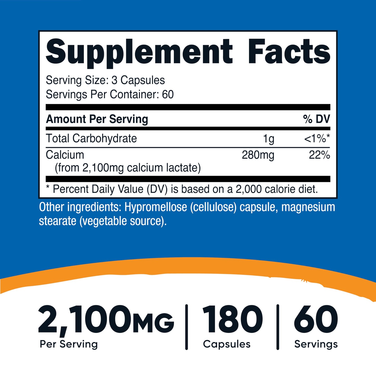 Nutricost Calcium Lactate 2,100mg - 180 Capsules | Vegan, Non-GMO, Gluten Free, 60 Servings