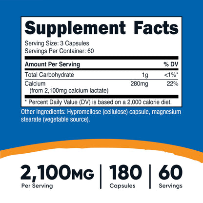 Nutricost Calcium Lactate 2,100mg - 180 Capsules | Vegan, Non-GMO, Gluten Free, 60 Servings