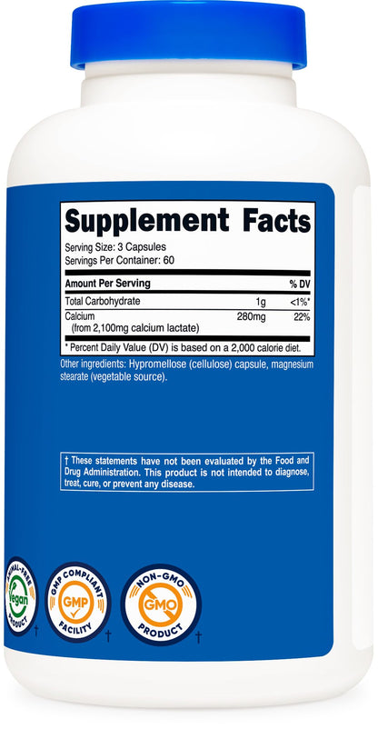 Nutricost Calcium Lactate 2,100mg - 180 Capsules | Vegan, Non-GMO, Gluten Free, 60 Servings