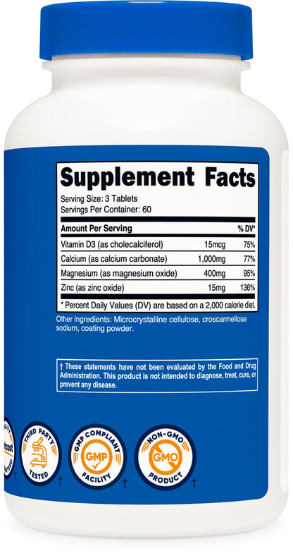 Nutricost Calcium Magnesium Zinc Tablets 1,415 mg – 180 Tablets, 60 Servings | Gluten Free, Non-GMO