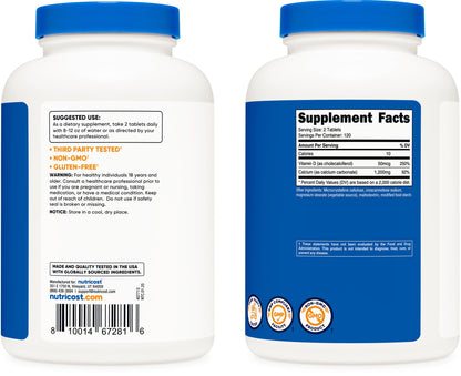Nutricost Calcium with Vitamin D | 1200mg Calcium, 50 mcg Vitamin D per Serving | 240 Tablets | Gluten Free & Non-GMO
