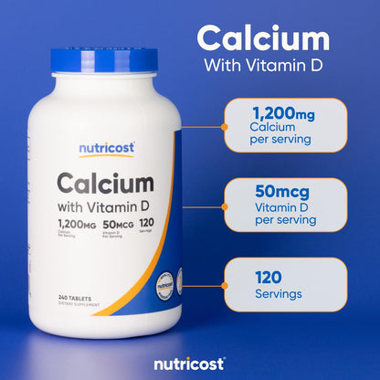 Nutricost Calcium with Vitamin D | 1200mg Calcium, 50 mcg Vitamin D per Serving | 240 Tablets | Gluten Free & Non-GMO