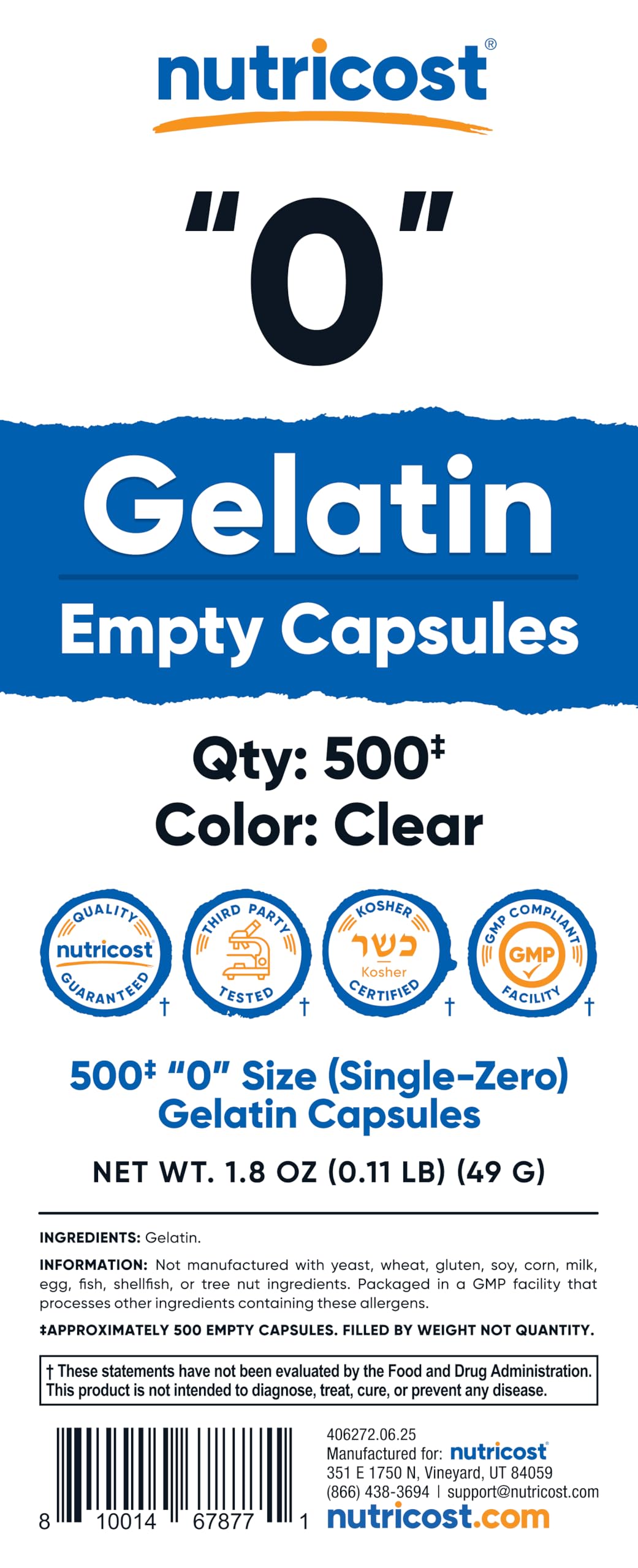 Nutricost Empty Gelatin Capsules Size 0 (500 Count) – Clear, Kosher, Non-GMO, Soy Free, Gluten Free