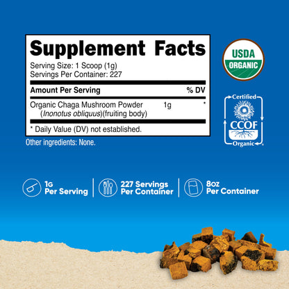Nutricost 100% Organic Chaga Mushroom Powder 8oz (227 Servings) - USDA Organic, Gluten Free & Non-GMO