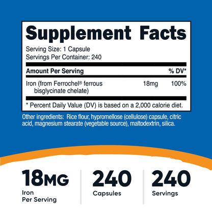 Nutricost Chelated Iron 18mg, 240 Capsules – Gluten Free & Non-GMO | Ferrochel
