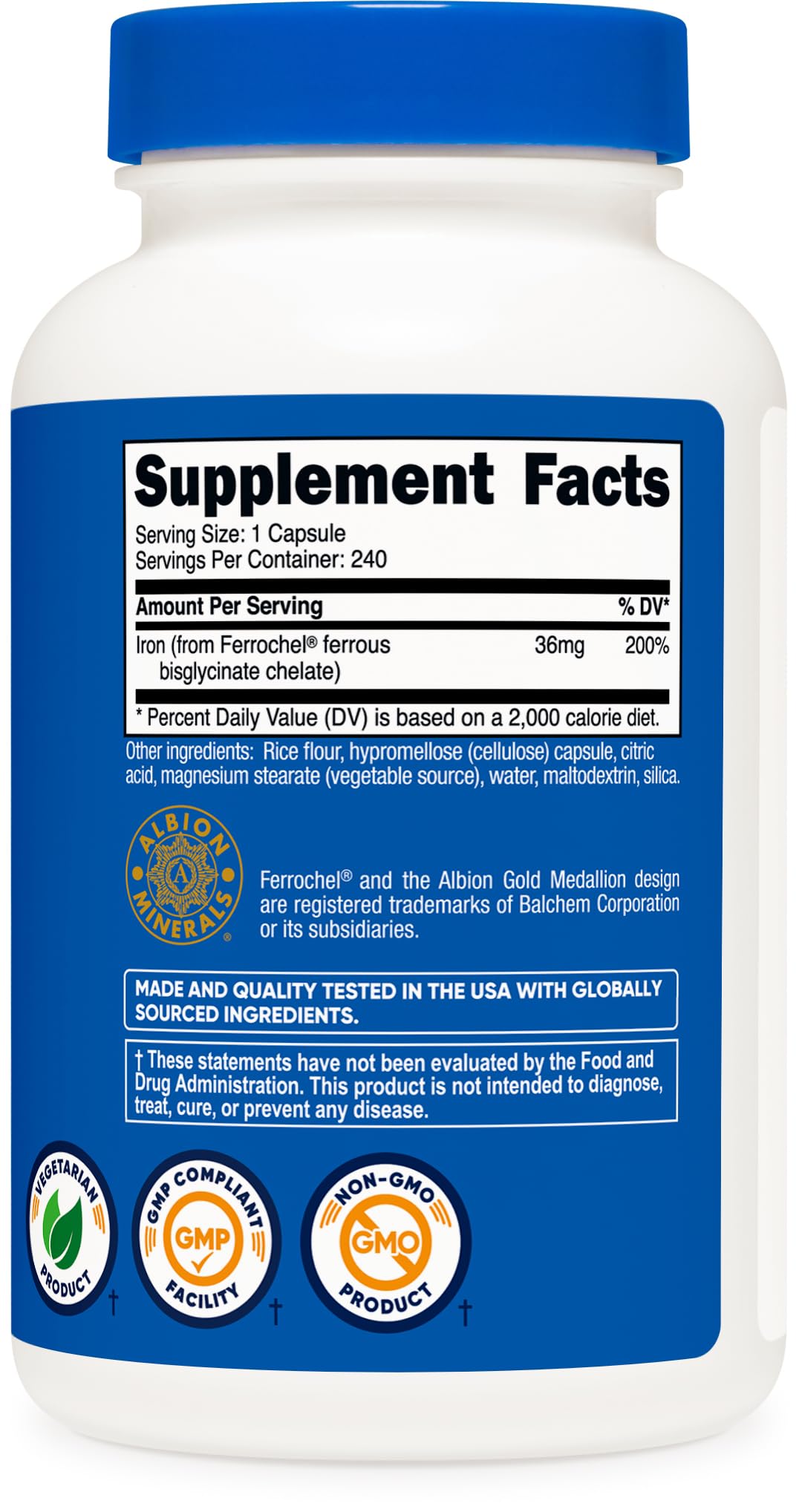 Nutricost Chelated Iron (Ferrochel) 36mg – 240 Capsules