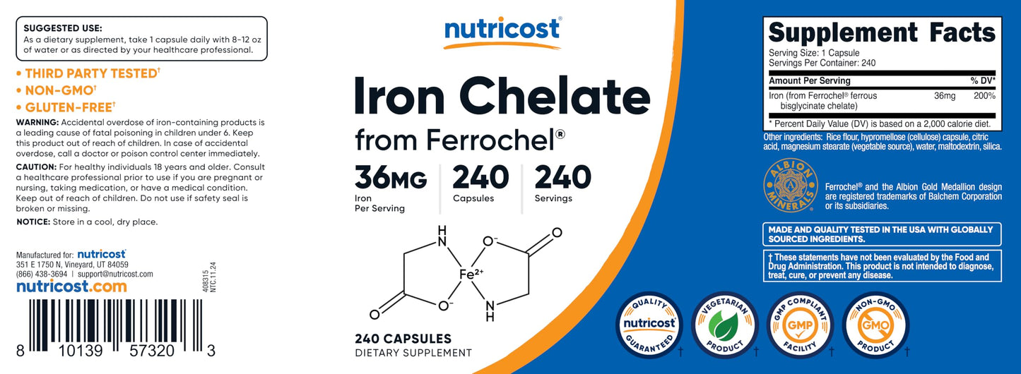 Nutricost Chelated Iron (Ferrochel) 36mg – 240 Capsules