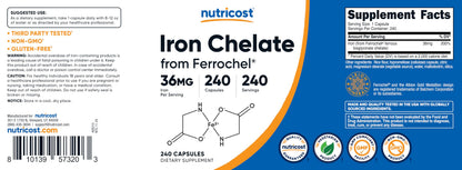 Nutricost Chelated Iron (Ferrochel) 36mg – 240 Capsules