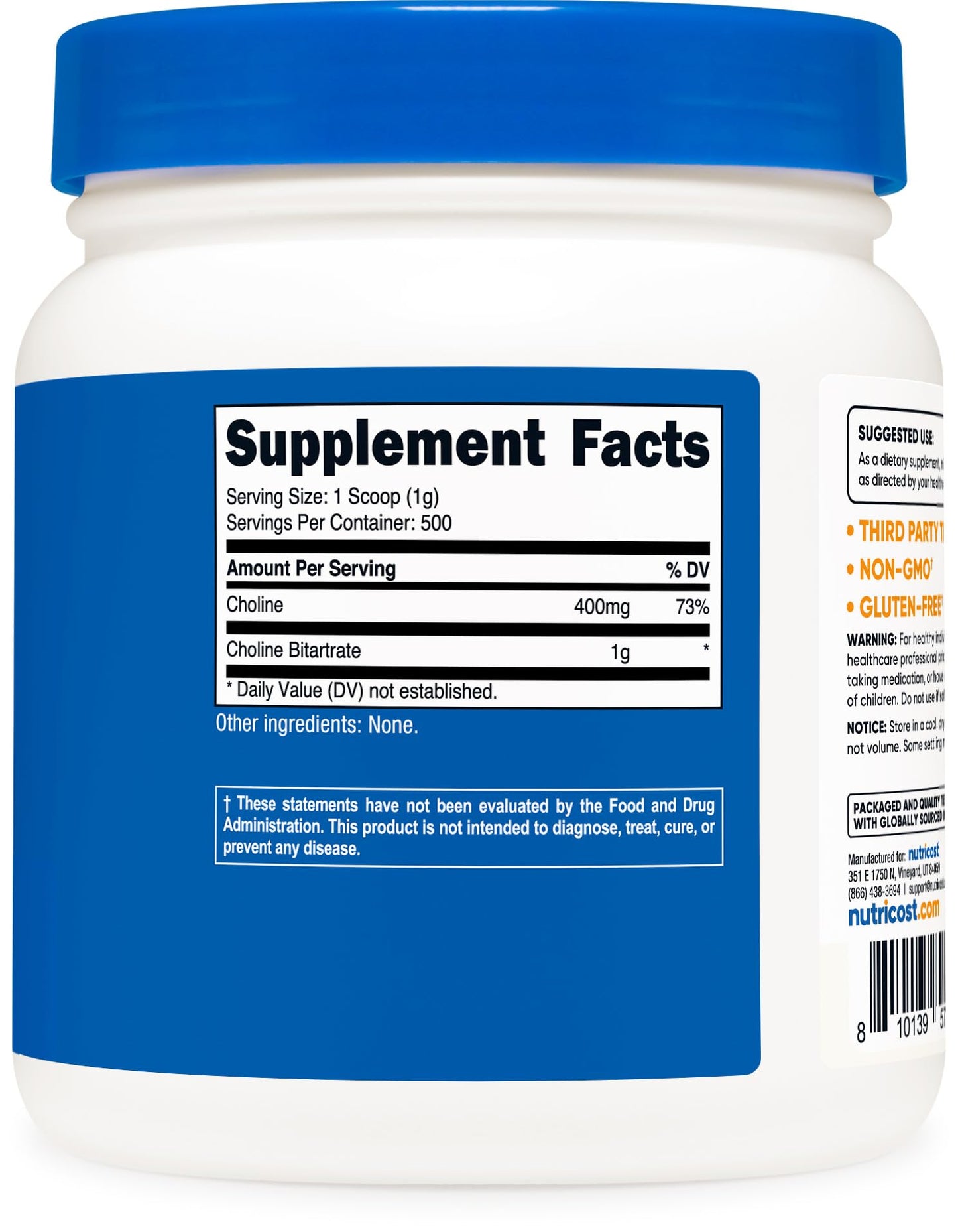 Nutricost Pure Choline Bitartrate Powder 500g – Gluten Free & Non-GMO
