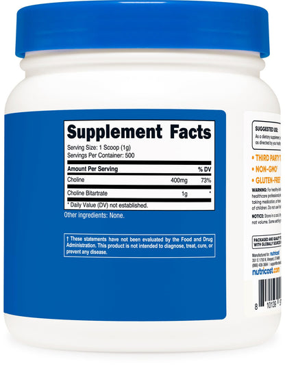 Nutricost Pure Choline Bitartrate Powder 500g – Gluten Free & Non-GMO