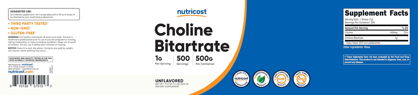 Nutricost Pure Choline Bitartrate Powder 500g – Gluten Free & Non-GMO