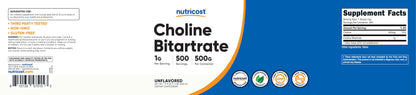 Nutricost Pure Choline Bitartrate Powder 500g – Gluten Free & Non-GMO