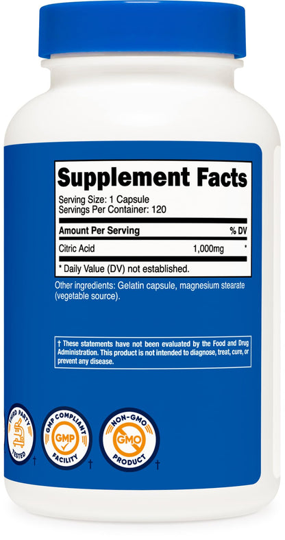 Nutricost Citric Acid 1000mg (1g) - 120 Capsules - Gluten Free, Non-GMO