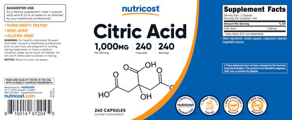Nutricost Citric Acid 1000mg — 240 Capsules | Gluten Free, Non-GMO