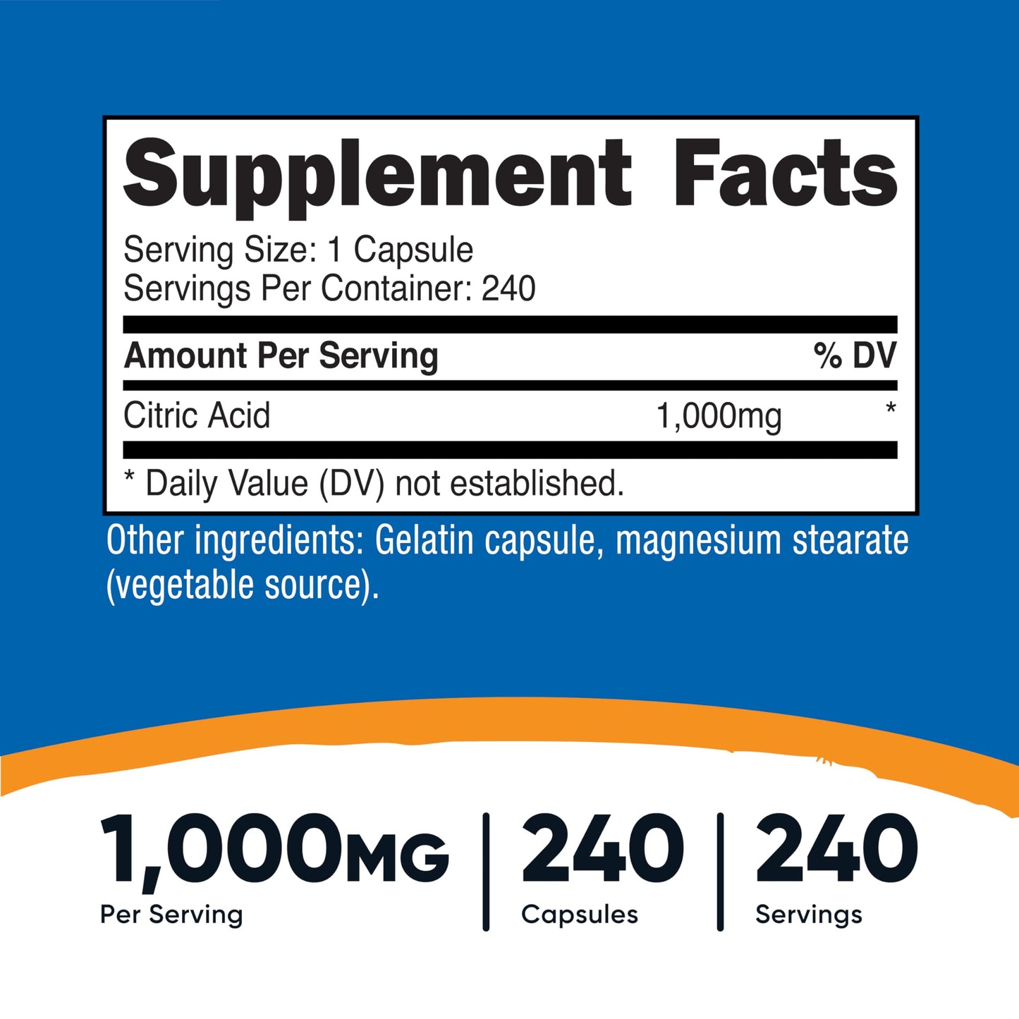 Nutricost Citric Acid 1000mg — 240 Capsules | Gluten Free, Non-GMO