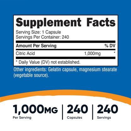 Nutricost Citric Acid 1000mg — 240 Capsules | Gluten Free, Non-GMO