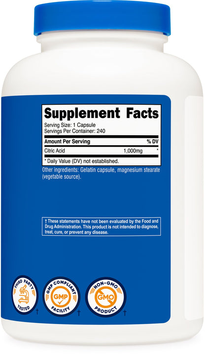 Nutricost Citric Acid 1000mg — 240 Capsules | Gluten Free, Non-GMO