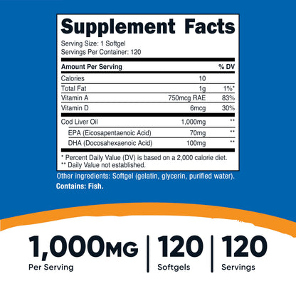 Nutricost Cod Liver Oil 1000mg, 120 Softgels – Non-GMO & Gluten Free
