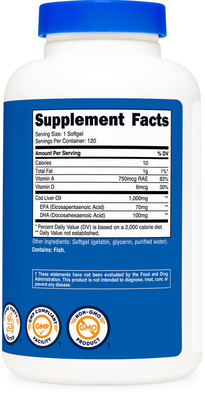 Nutricost Cod Liver Oil 1000mg, 120 Softgels – Non-GMO & Gluten Free