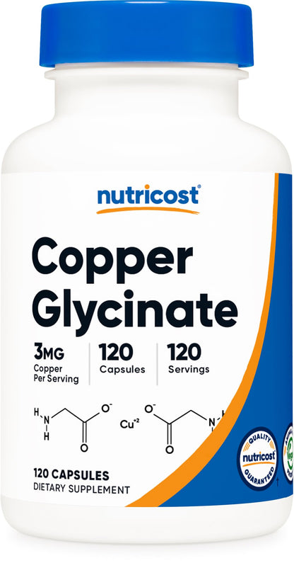 Nutricost Copper Glycinate Capsules – 120 Count, 3 mg Copper per Serving | Non-GMO & Vegan