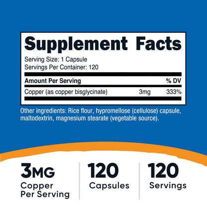 Nutricost Copper Glycinate Capsules – 120 Count, 3 mg Copper per Serving | Non-GMO & Vegan