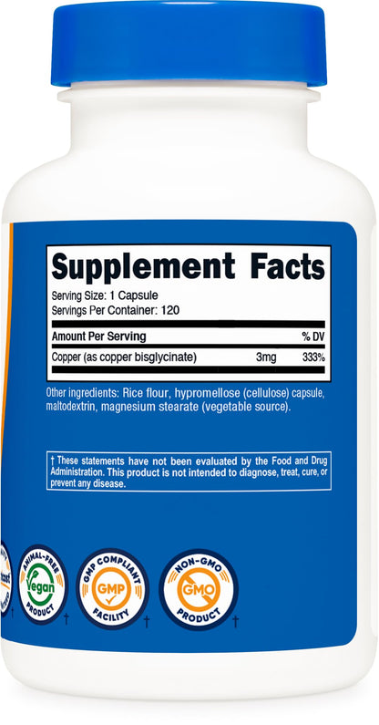 Nutricost Copper Glycinate Capsules – 120 Count, 3 mg Copper per Serving | Non-GMO & Vegan