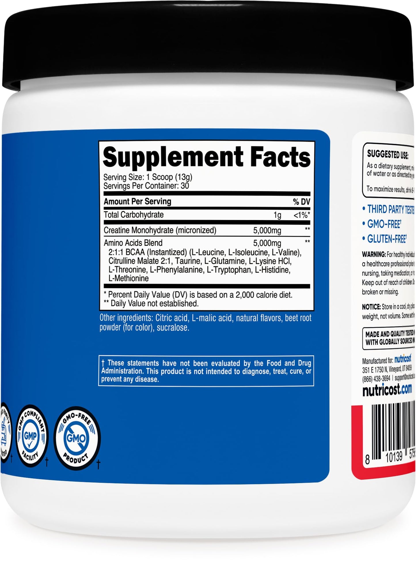 Nutricost Creatine + Aminos (30 Servings) – Fruit Punch, 5,000 mg Creatine Monohydrate + 5,000 mg BCAA per Serving