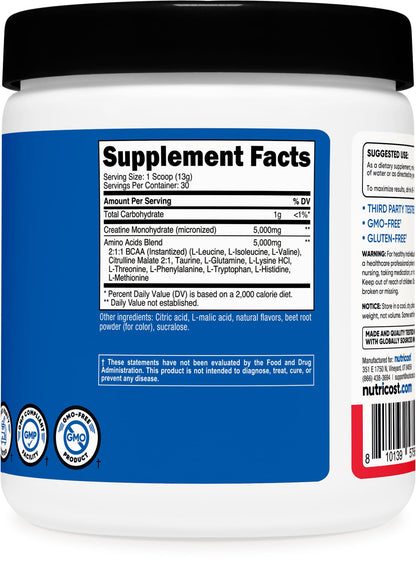 Nutricost Creatine + Aminos (30 Servings) – Fruit Punch, 5,000 mg Creatine Monohydrate + 5,000 mg BCAA per Serving