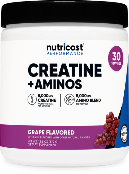 Nutricost Creatine + Aminos 30 Servings (Grape) – 5,000mg Creatine Monohydrate + 5,000mg Amino BCAA per Serving