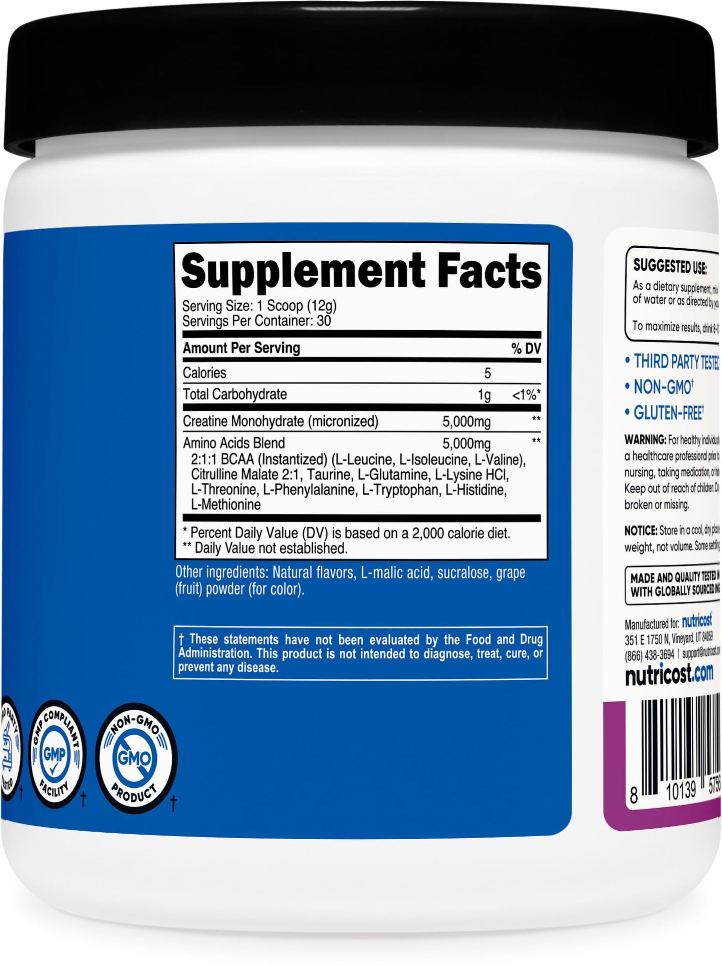 Nutricost Creatine + Aminos 30 Servings (Grape) – 5,000mg Creatine Monohydrate + 5,000mg Amino BCAA per Serving