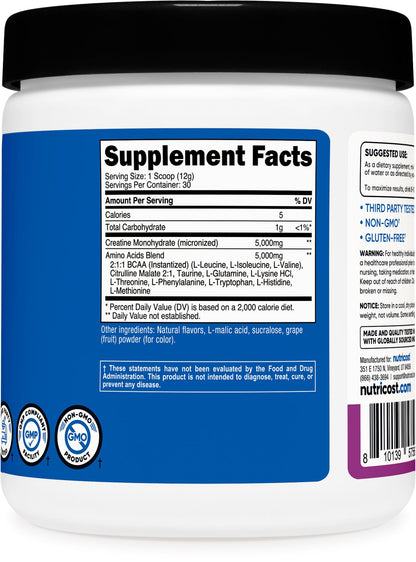 Nutricost Creatine + Aminos 30 Servings (Grape) – 5,000mg Creatine Monohydrate + 5,000mg Amino BCAA per Serving
